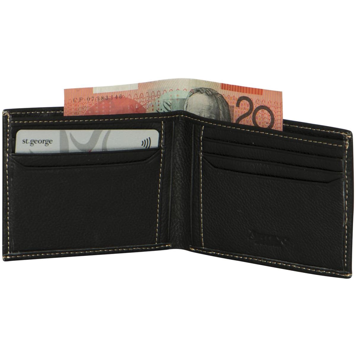 A black wallet with multiple card slots and a folded twenty-dollar note inserted inside.