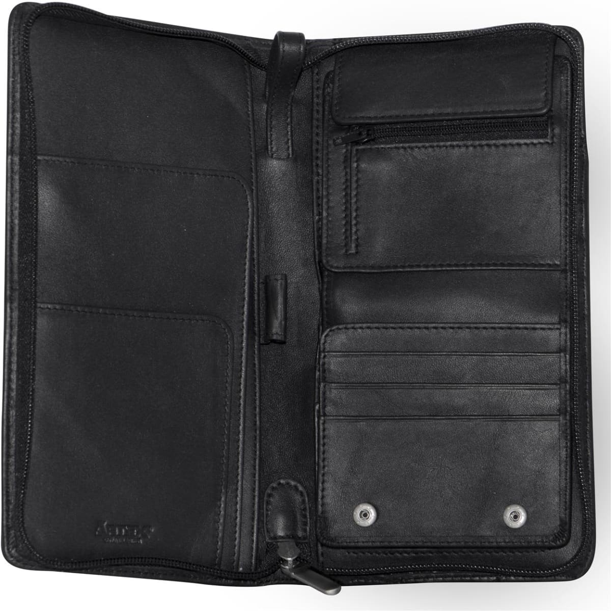 A black organiser with multiple pockets and card slots, featuring a zippered compartment. It has a logo.