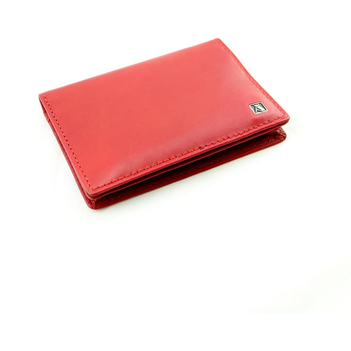 A red leather business card holder with a slim design and a small logo on the front.