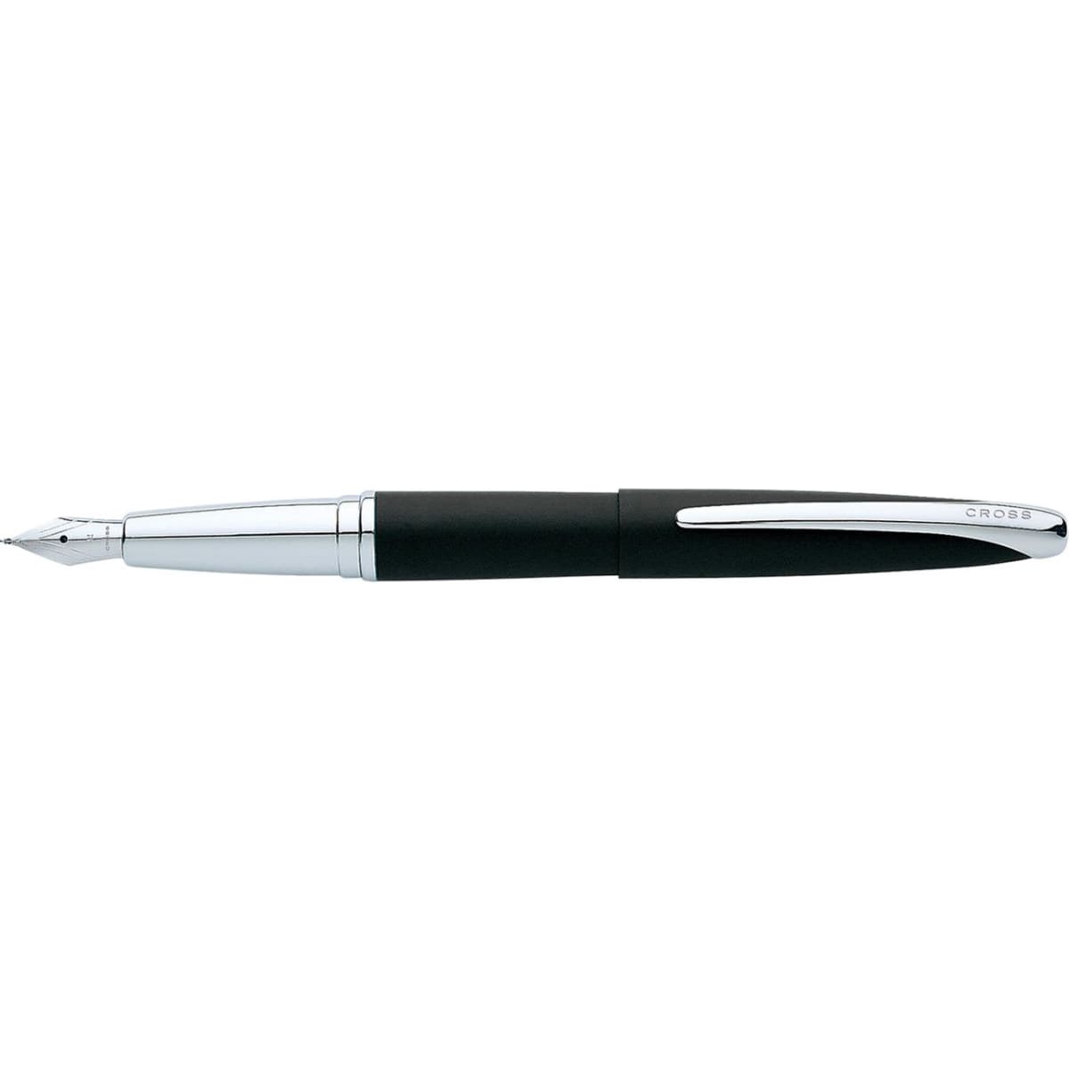 A fountain pen in basalt black with a silver clip and detailing, featuring a sleek design and a logo.