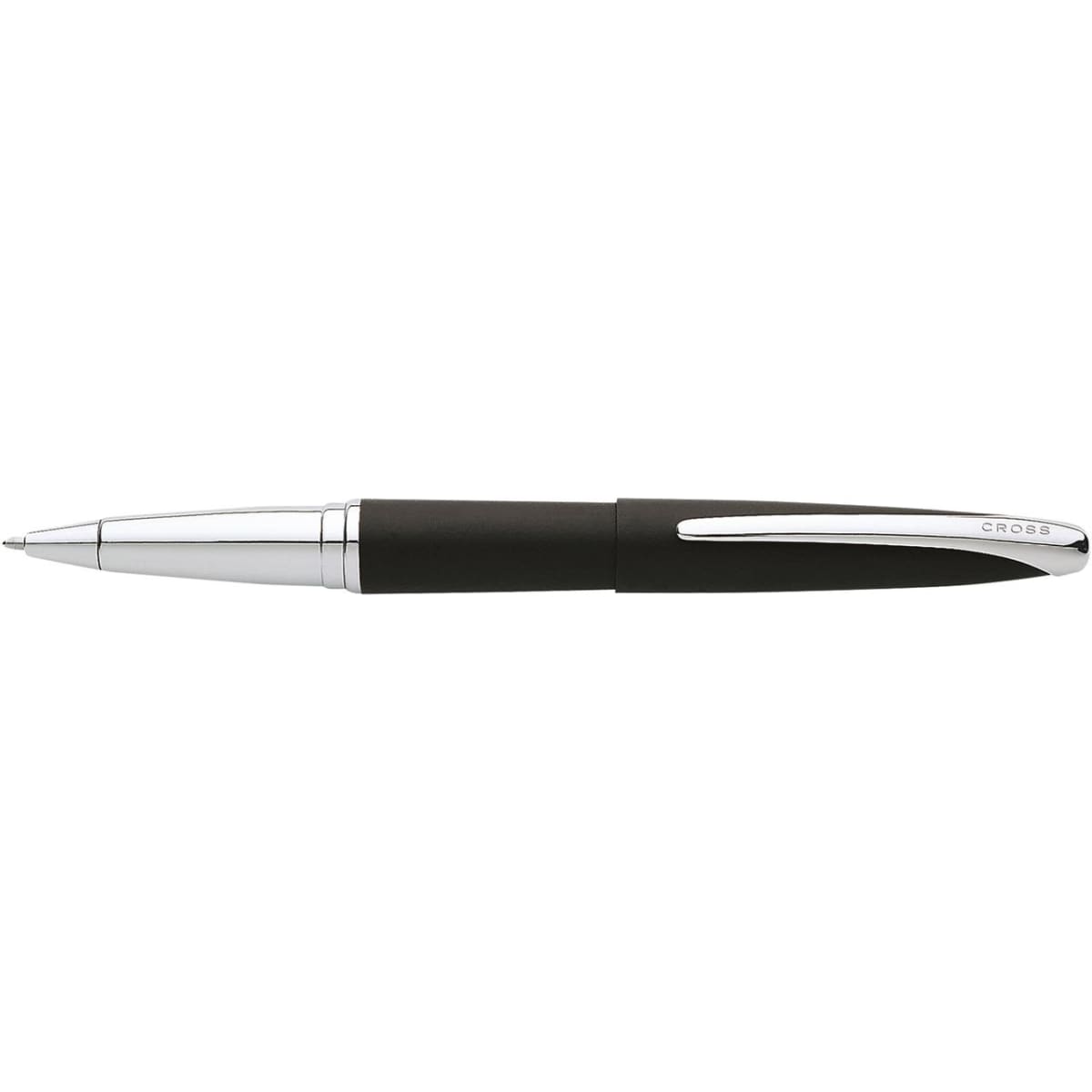 A black pen with chrome accents and a sleek design. The product features a logo.