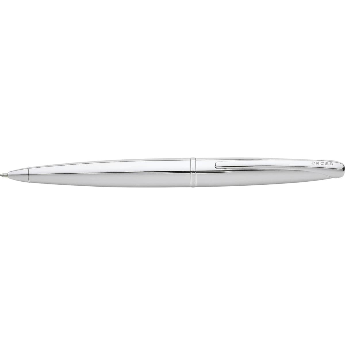 A polished silver ballpoint pen with a sleek design, featuring a clip and a branding logo.