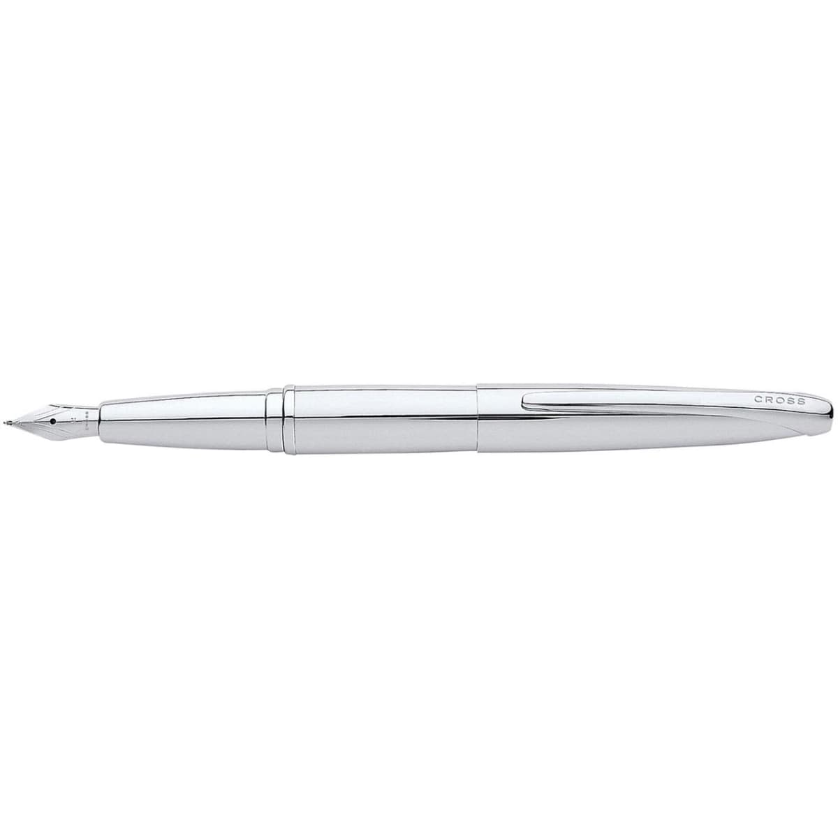 A fountain pen in pure chrome finish with a sleek design and a clip. It features a branding logo.