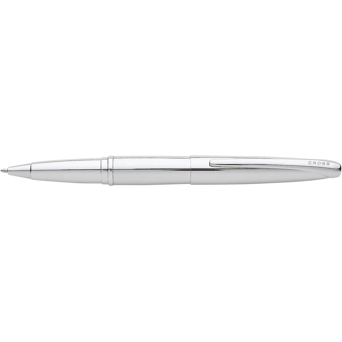 A pen in pure chrome finish with a sleek design and a clip, featuring a brand logo on the side.