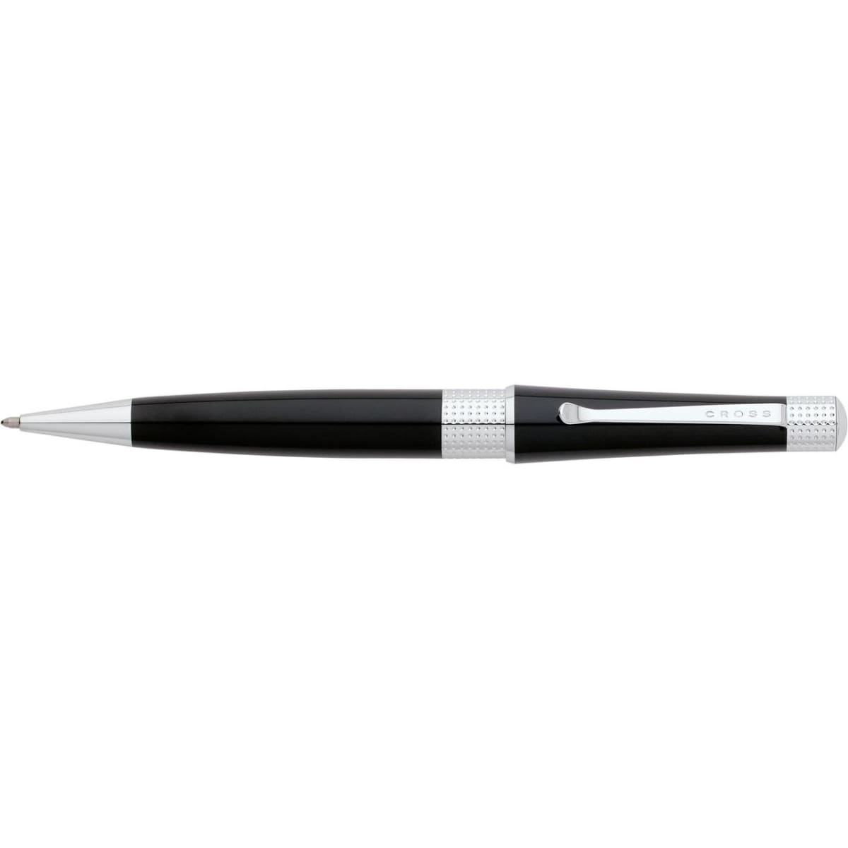 A ballpoint pen in black and chrome, featuring a brand logo and a sleek design.