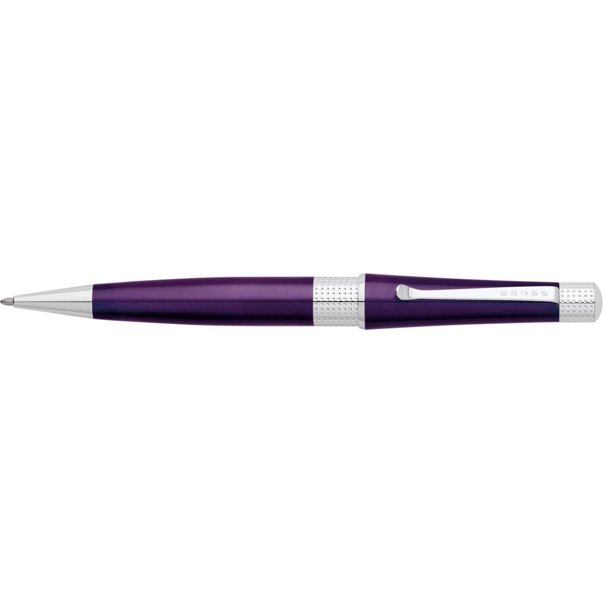 A pen in deep purple with chrome accents, featuring a streamlined design and a branded logo.