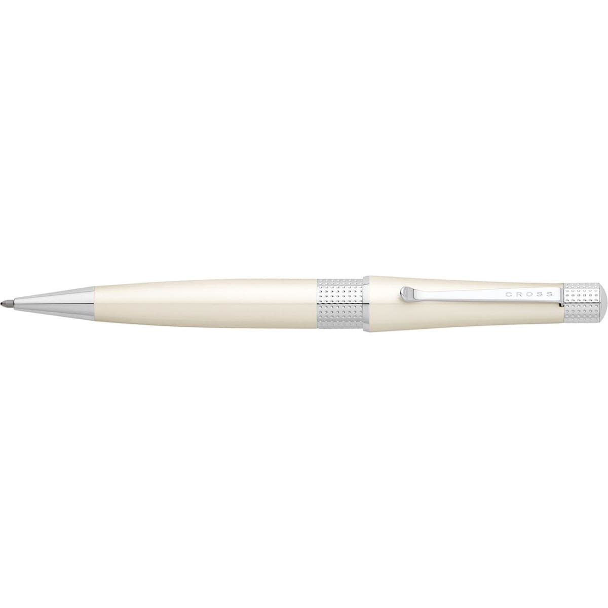 A pen in pearlescent white with chrome accents, featuring a logo on the barrel.