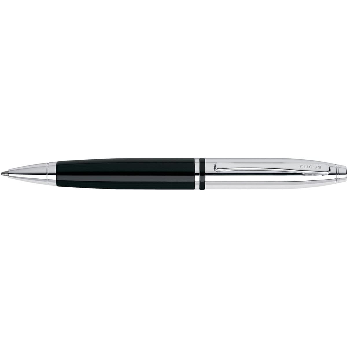 A ballpoint pen in chrome and black lacquer finishes, featuring a sleek design and a branding logo.