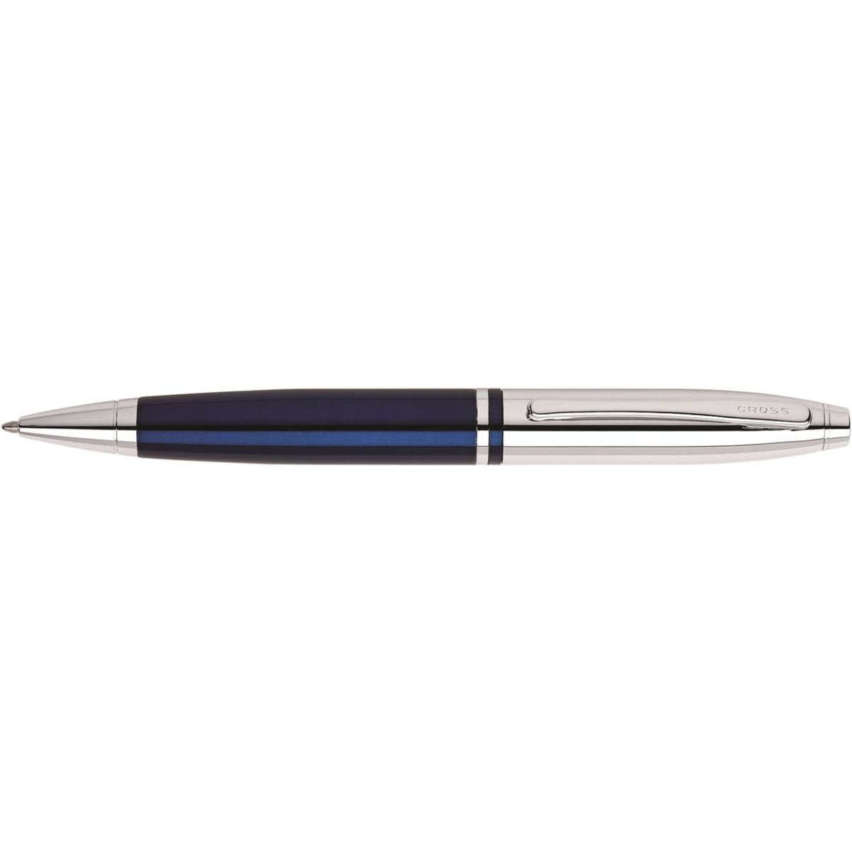 A pen featuring a chrome finish with blue lacquer accents, complete with a logo.
