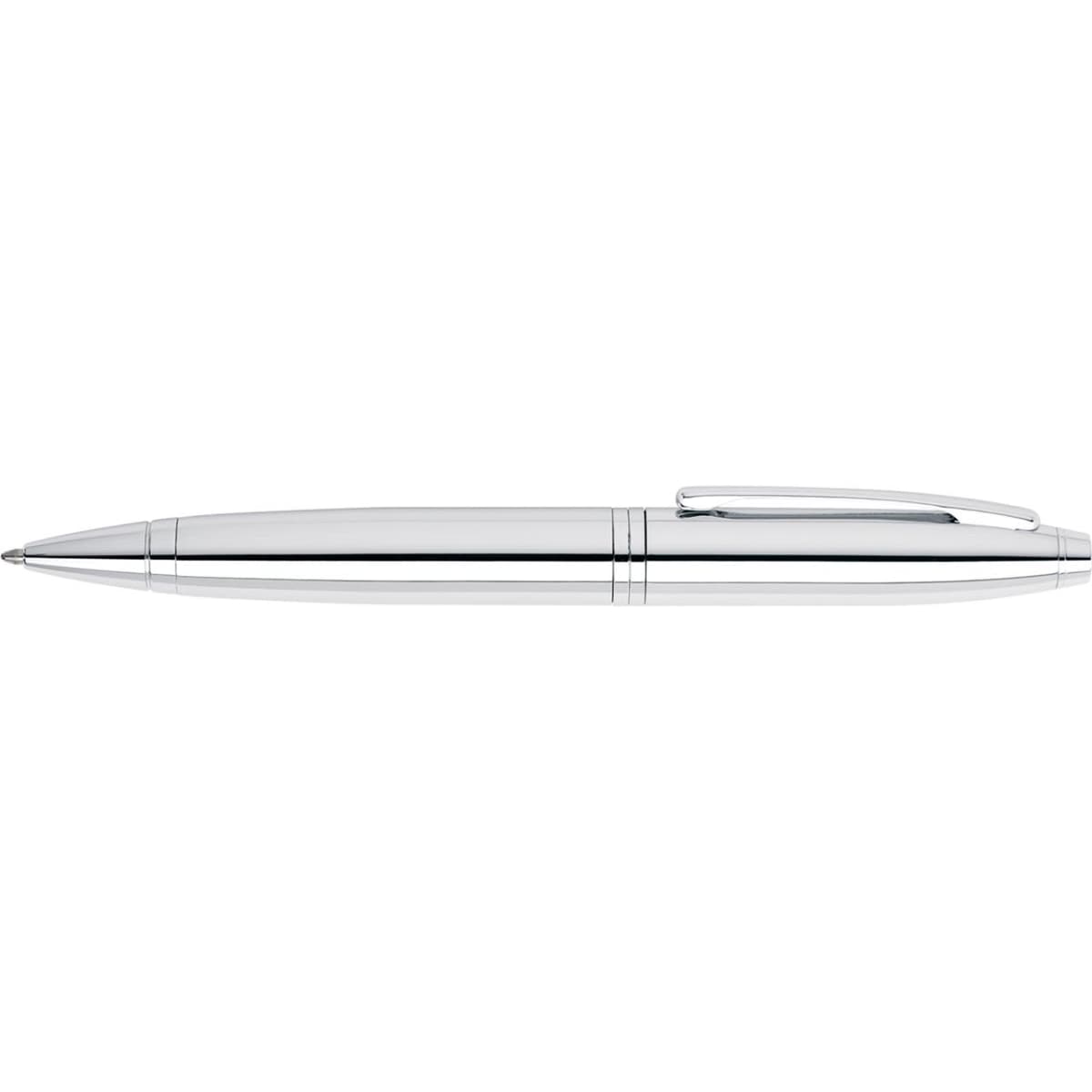 A luxurious chrome ballpoint pen with a sleek design and a polished finish. It features a clip and minimal detailing.