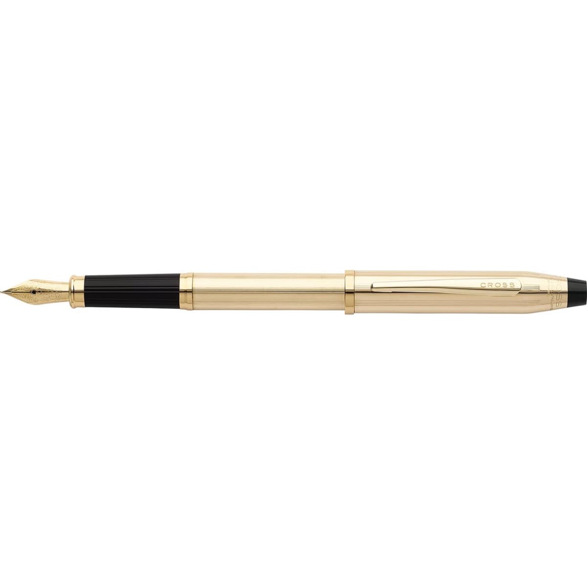 A gold fountain pen with a black grip, featuring a clip and branding, set against a plain background.