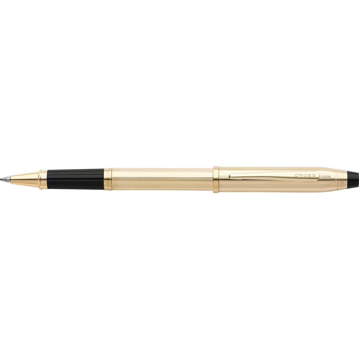 A gold and black pen with a sleek design, featuring a branding logo on the barrel.