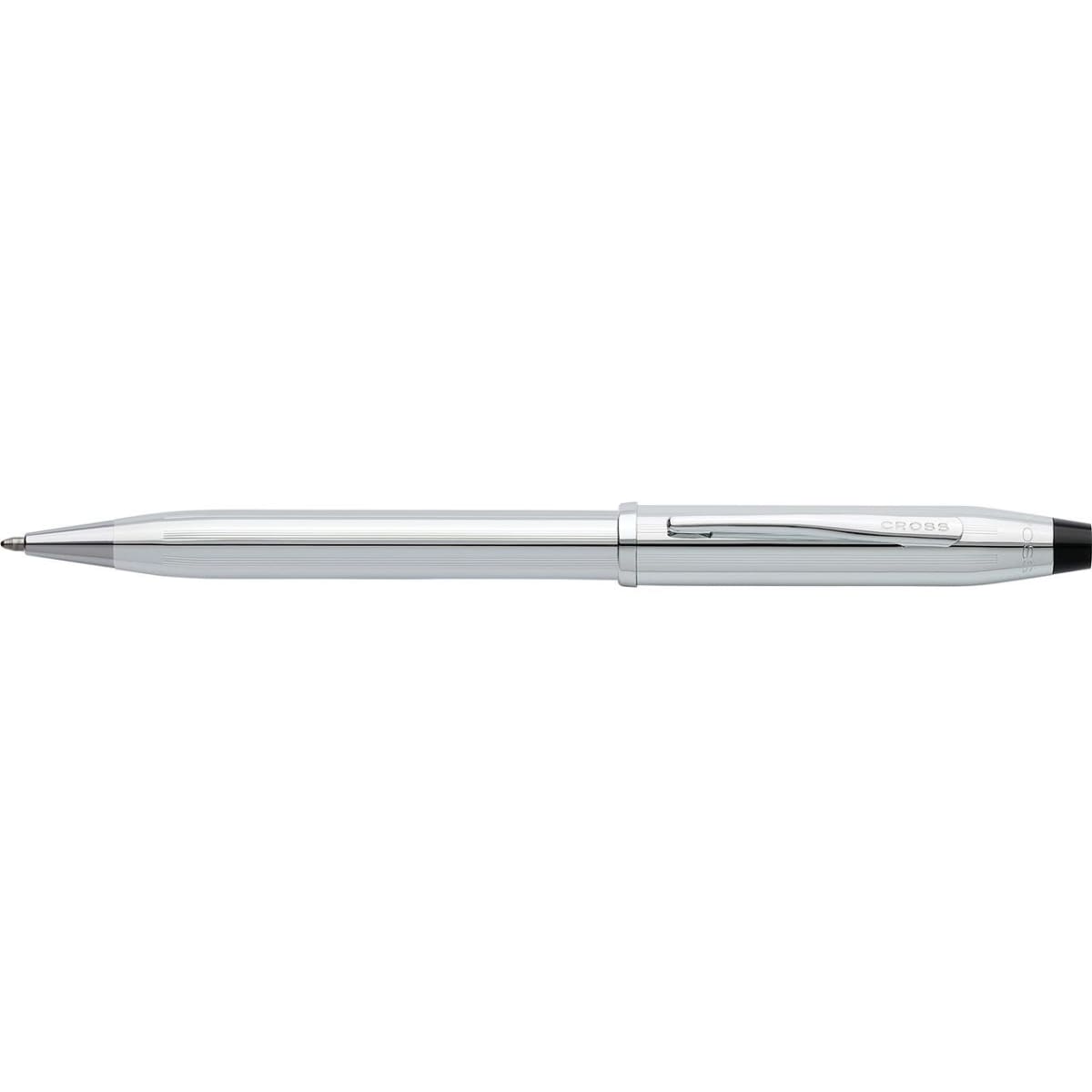 A sleek, lustrous chrome ballpoint pen with a clip and a black tip, featuring a logo.