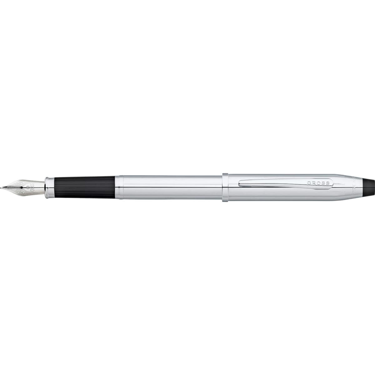 A sleek fountain pen in lustrous chrome with a black grip and a silver nib. It features a brand logo.