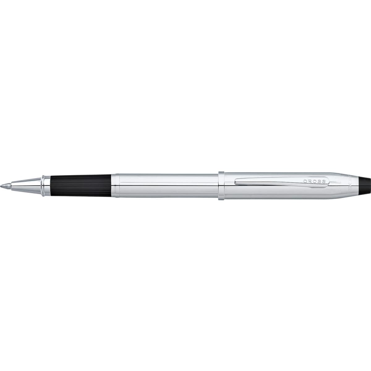 A sleek pen in lustrous chrome with a black grip, featuring a logo and a smooth writing tip.