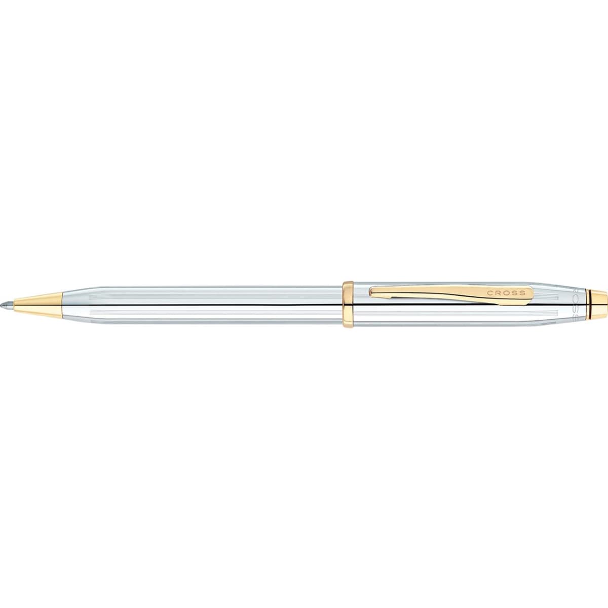 A ballpoint pen with a clear barrel and gold accents, featuring a clip and branding.