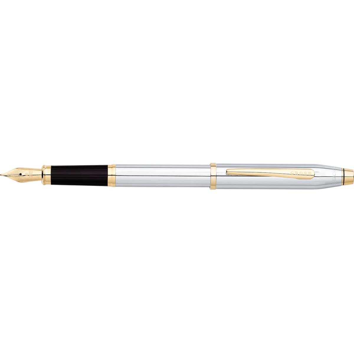 A silver and black fountain pen with a gold trim and a logo on the clip.