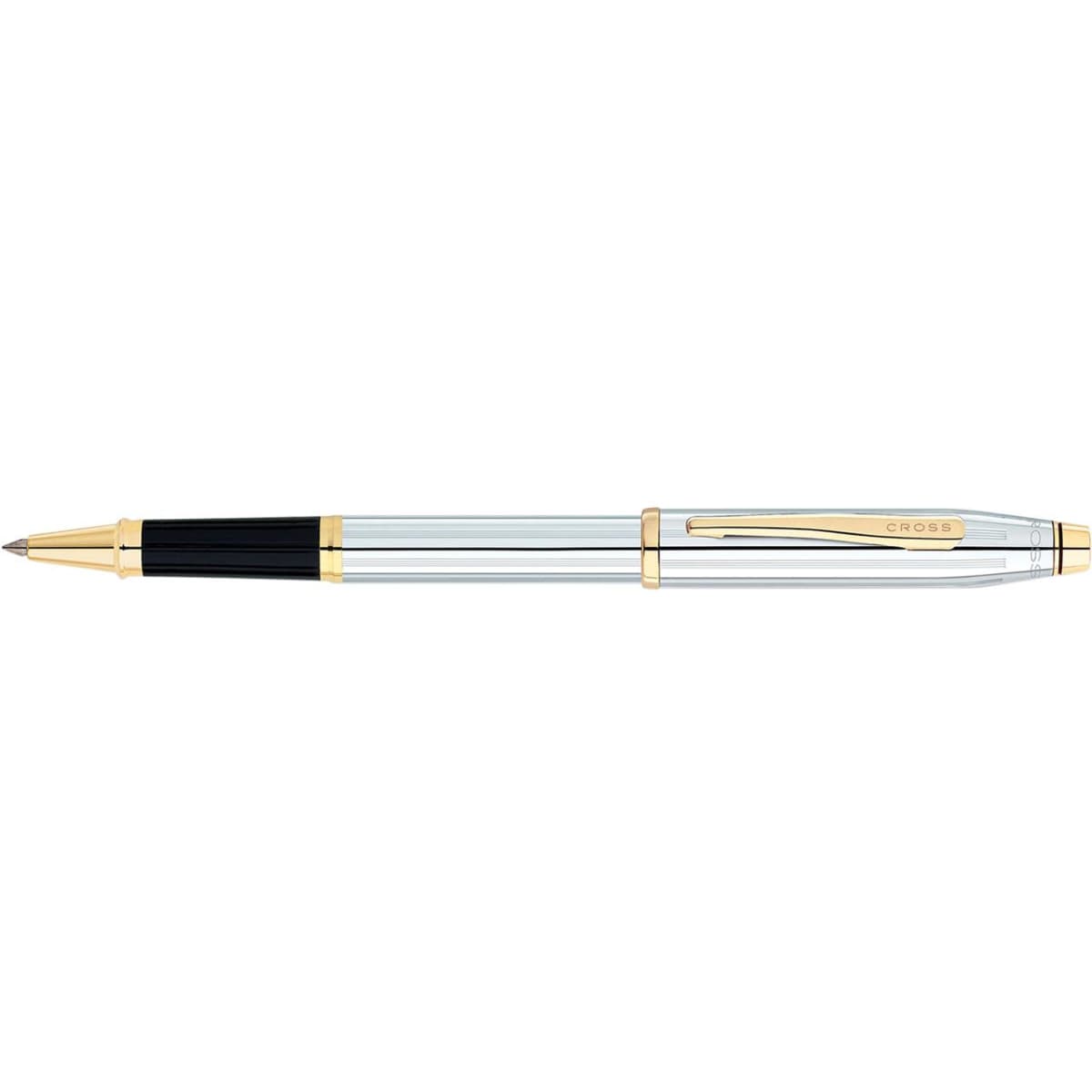 A sleek, silver and black ballpoint pen with gold accents and a clip, featuring a brand logo.