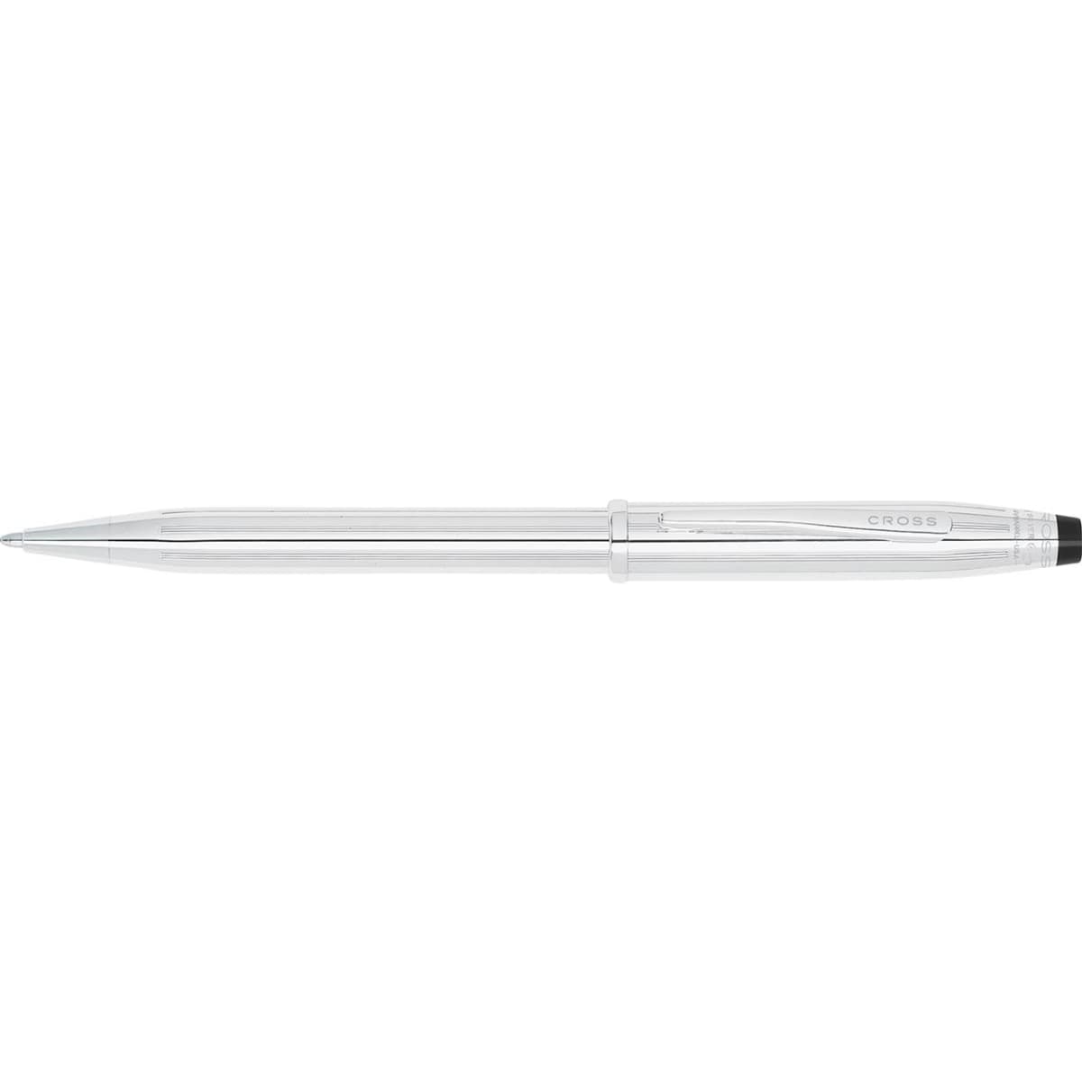 A ballpoint pen in sterling silver with a sleek, polished design and a logo.