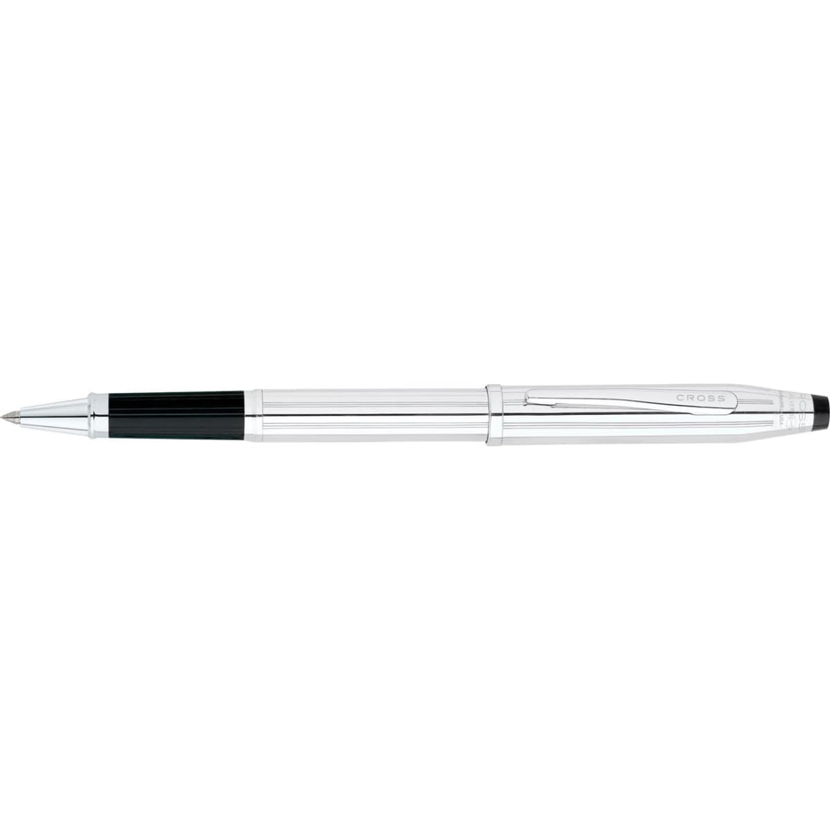 A sterling silver pen with black accents and a branding logo, featuring a sleek design and polished finish.