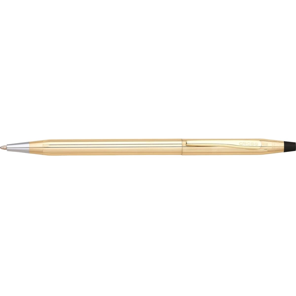 A gold-coloured ballpoint pen with a sleek design and a silver pen tip, featuring a logo.