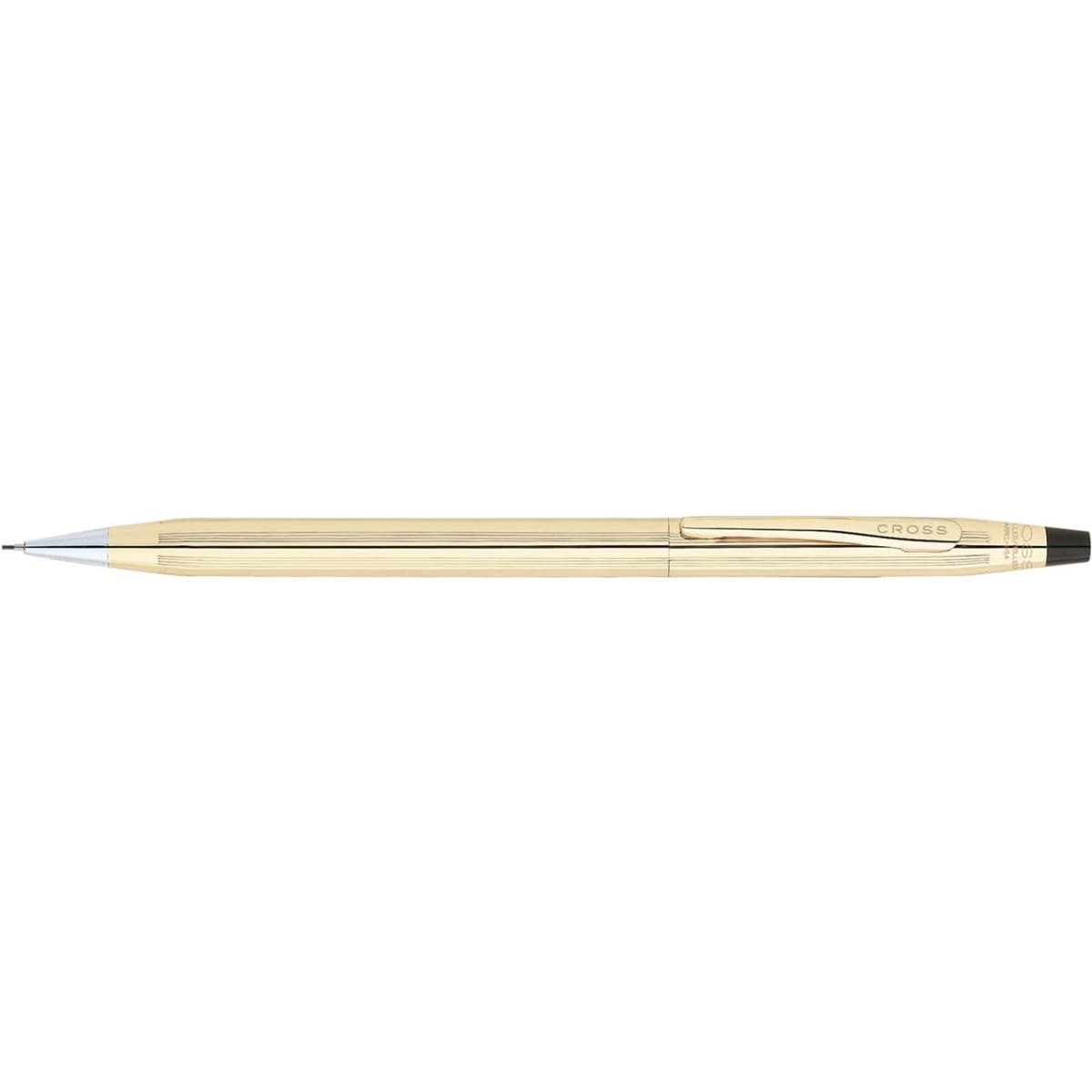 A gold-coloured pen with a sleek design, featuring a clip and a logo on the side.