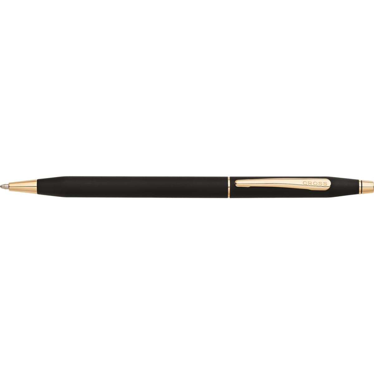 A black ballpoint pen with a sleek design and gold accents, featuring a logo on the side.