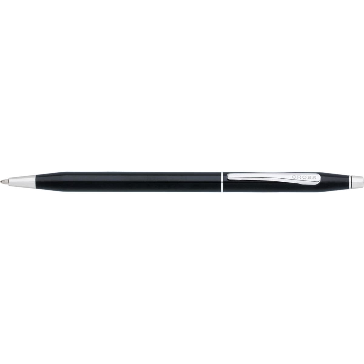 A black lacquer ballpoint pen with a sleek design and silver accents, featuring a branding logo.
