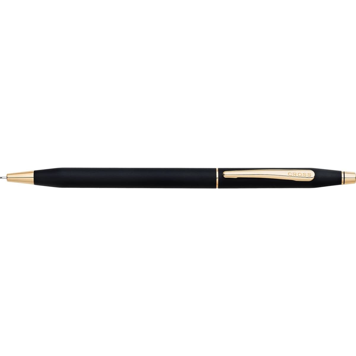A black pen with gold accents and a logo, featuring a sleek design and a smooth barrel.