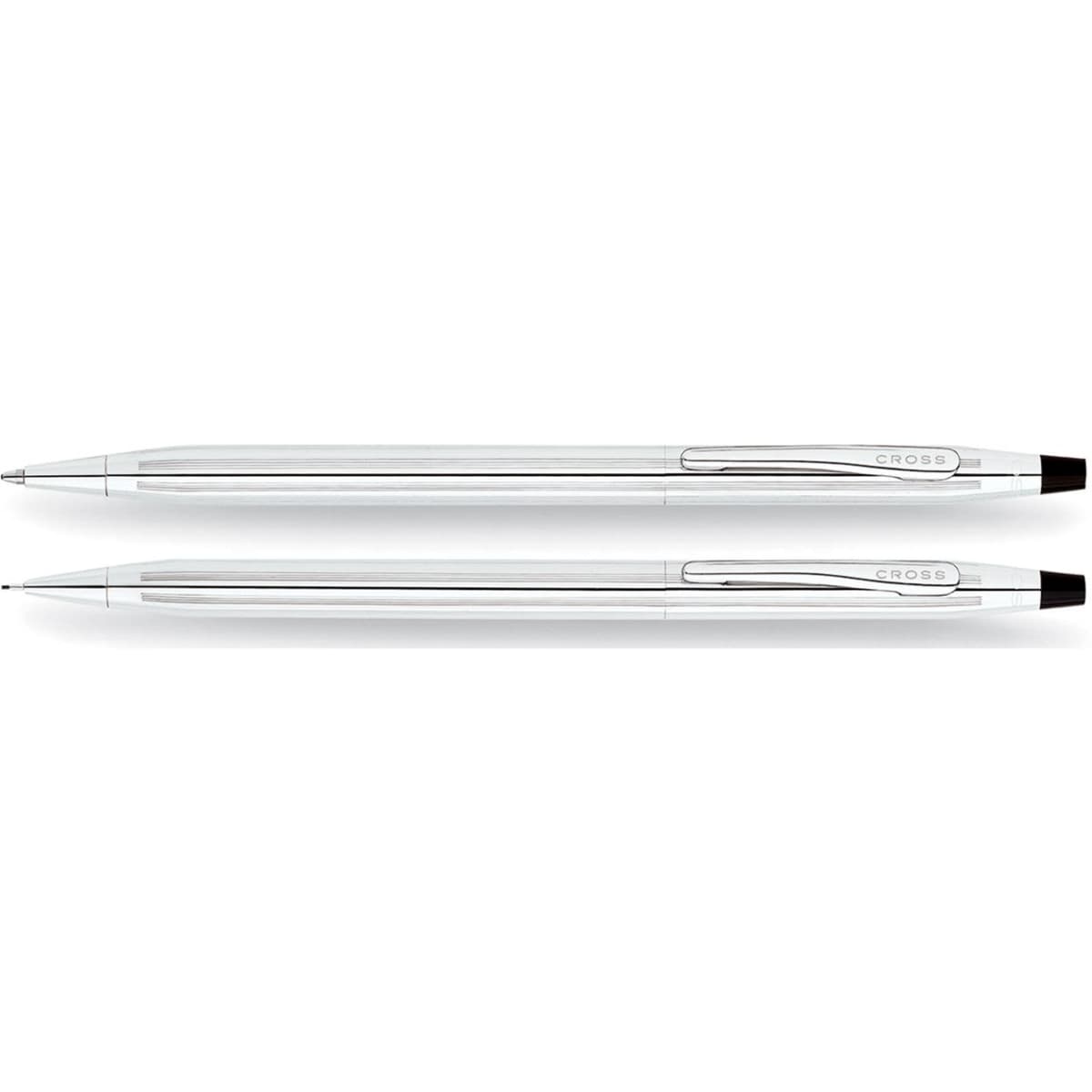 A silver pen and pencil set in lustrous chrome, featuring a branding logo on the side.