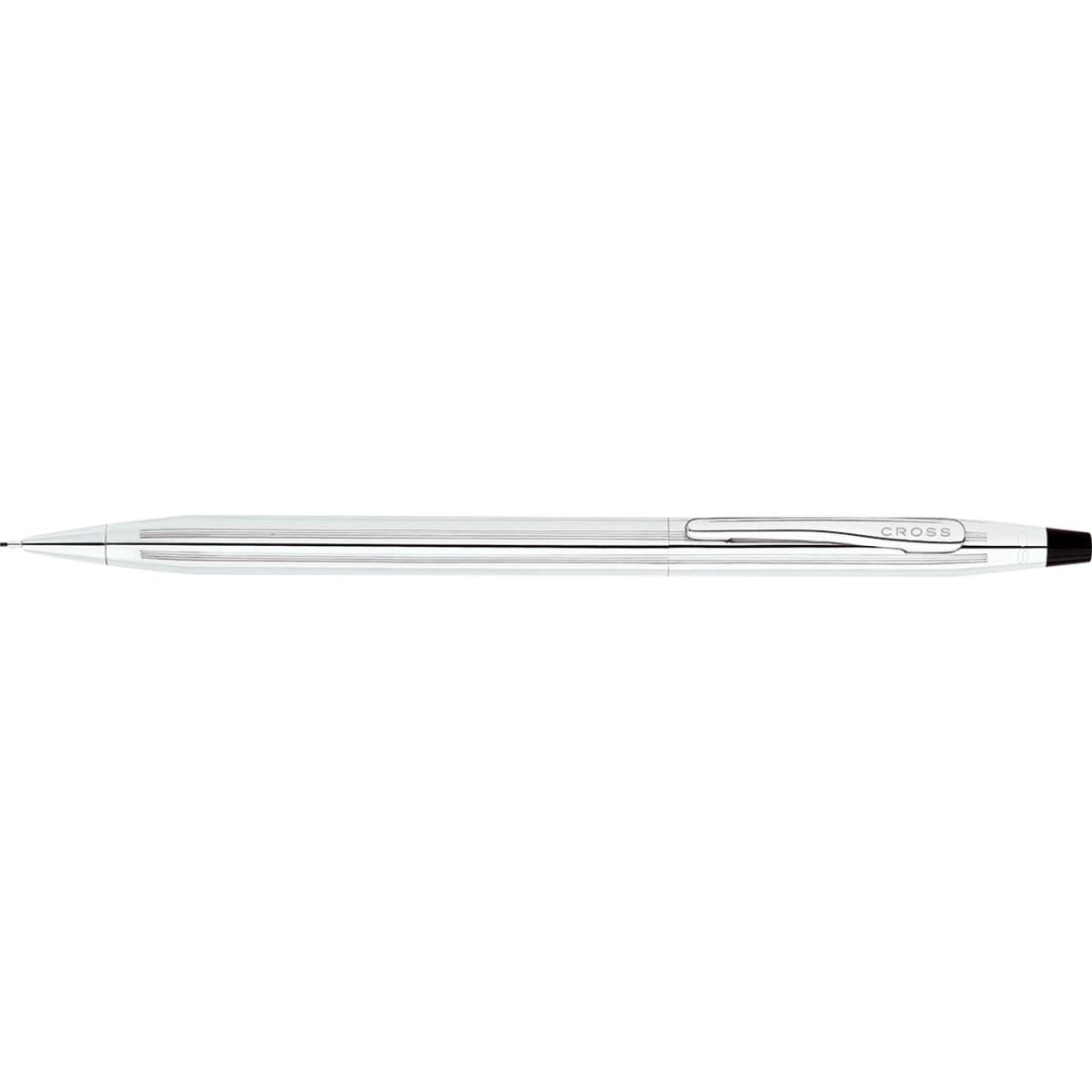A sleek, chrome ballpoint pen with a polished finish and a clip, featuring a branding logo.
