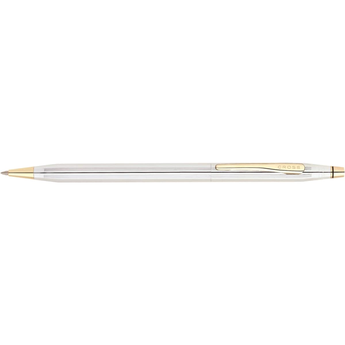 A silver and gold pen with a sleek design, featuring a clip and branding. Perfect for elegant writing.