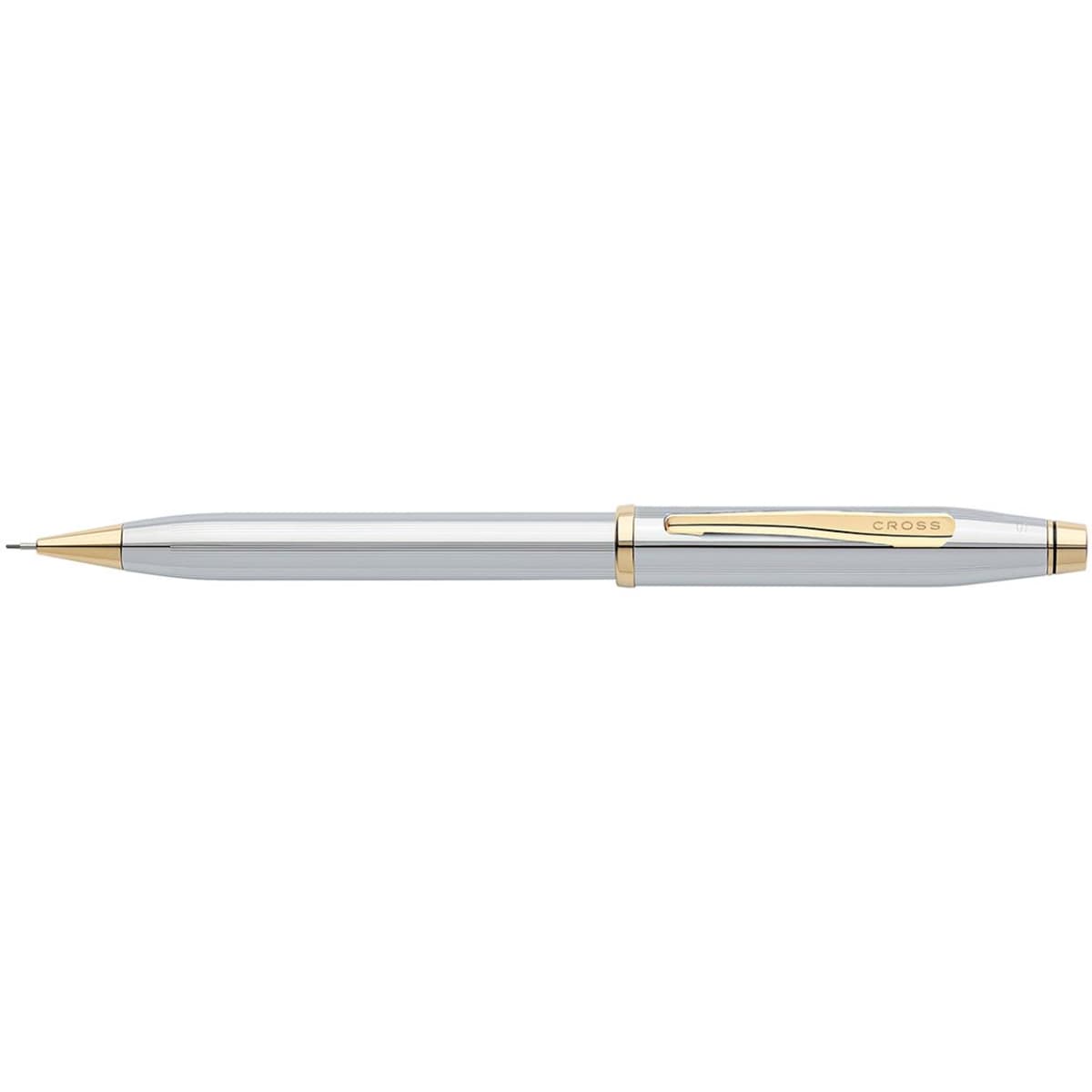A silver and gold pen with a sleek design, featuring a branding logo on the barrel.