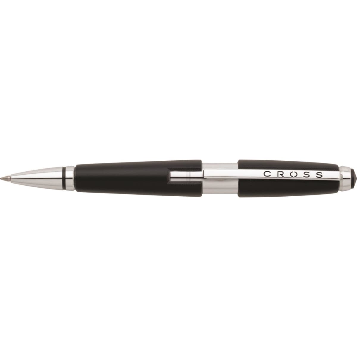 A pen with a sleek design, featuring a black grip and silver accents, along with a visible logo.