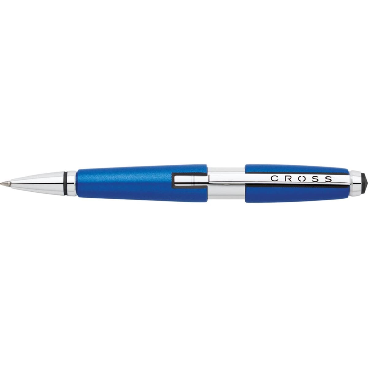 A blue pen with a chrome tip and a branded logo on the side. The design features a sleek and modern style.