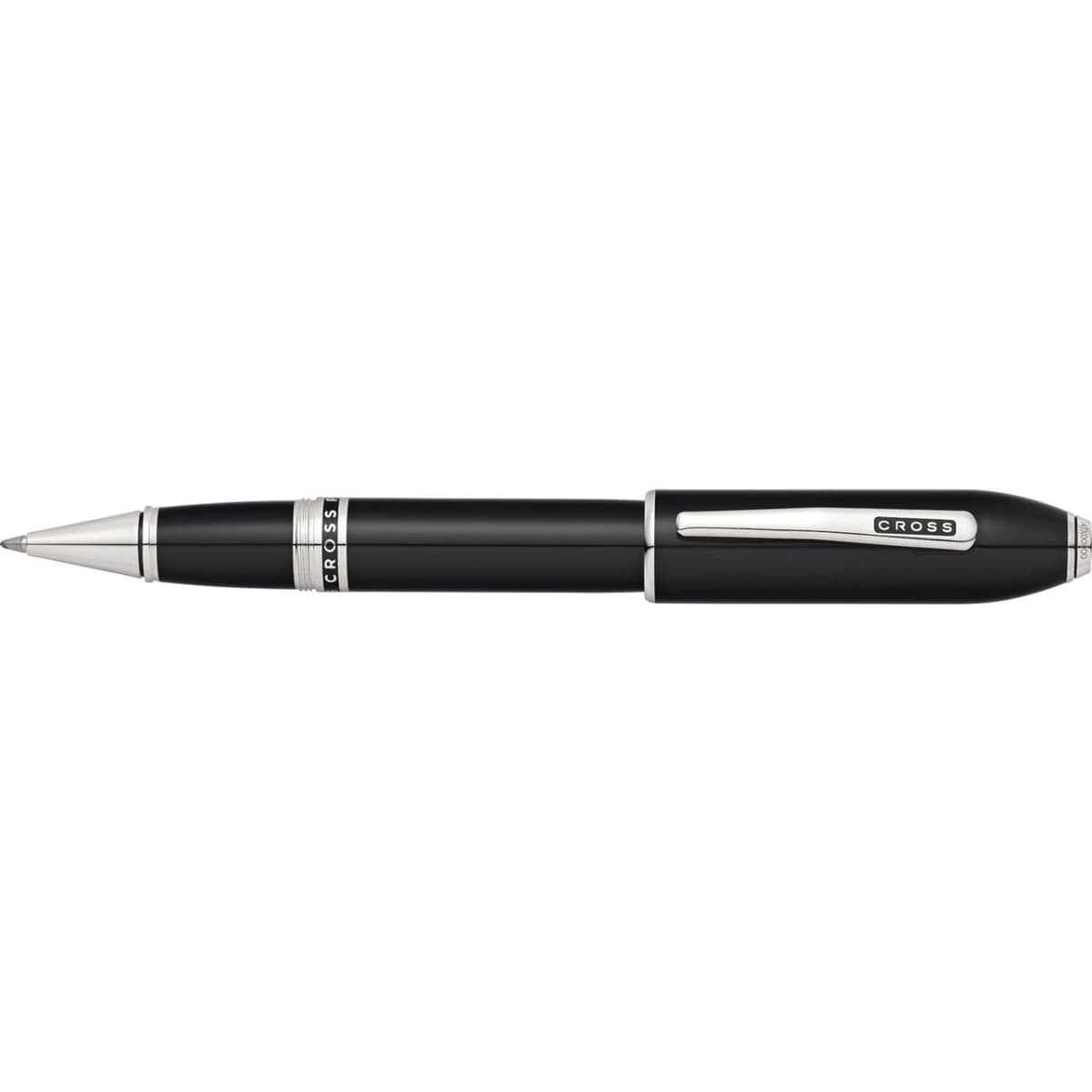 A black lacquer pen with platinum accents, featuring a branding logo. It has a sleek, elegant design.