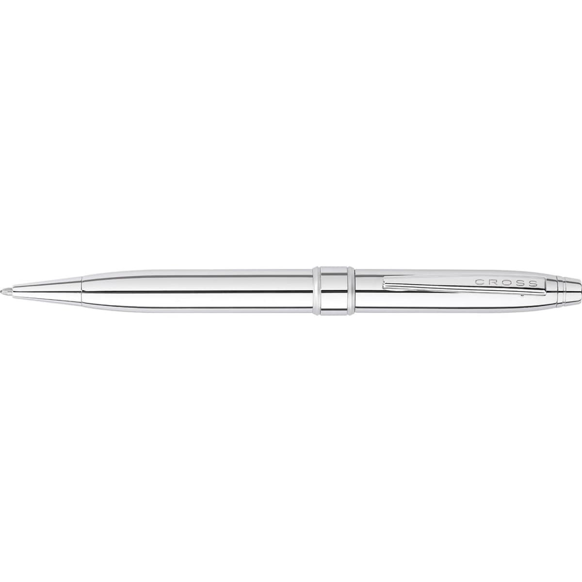 A pen featuring a sleek chrome design with a polished surface and branding detail.