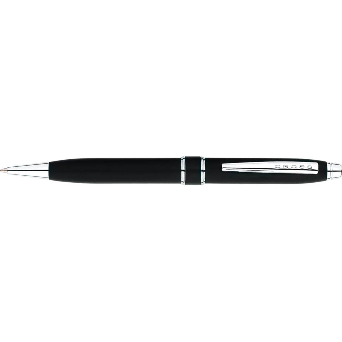 A sleek satin black pen with chrome accents and a branded clip.