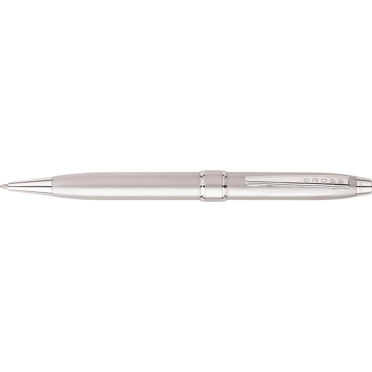 A silver satin chrome ballpoint pen with a sleek design and a logo on the barrel.