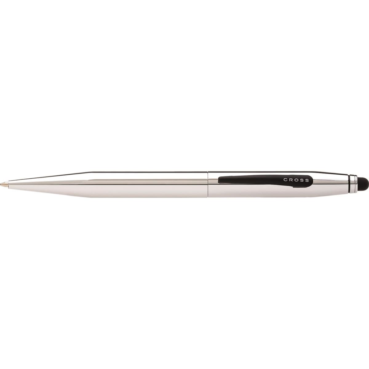 A pen in pure chrome finish with a sleek design and a black accent, featuring a logo.