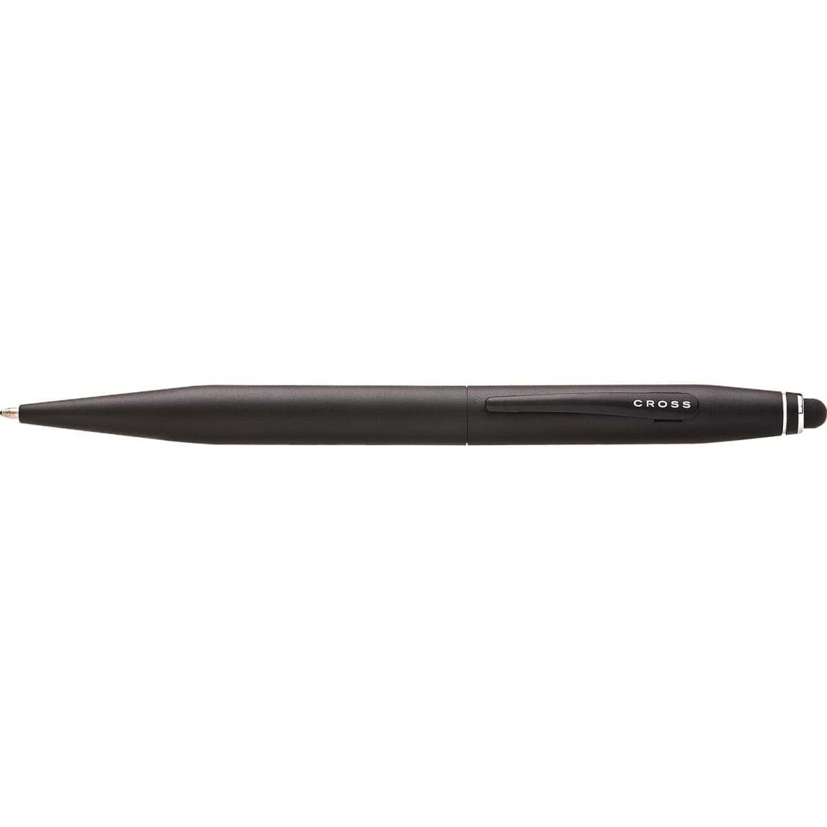 A black pen with a sleek design, featuring a logo. The pen has a clip and a smooth writing tip.