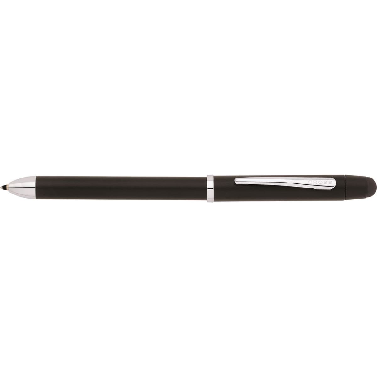 A black multifunction pen with a sleek design and a stylus tip, featuring a silver clip and branding.