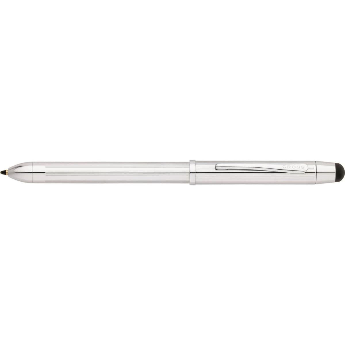 A lustrous chrome multi-function pen with a black stylus and a sleek design. It features a brand logo.