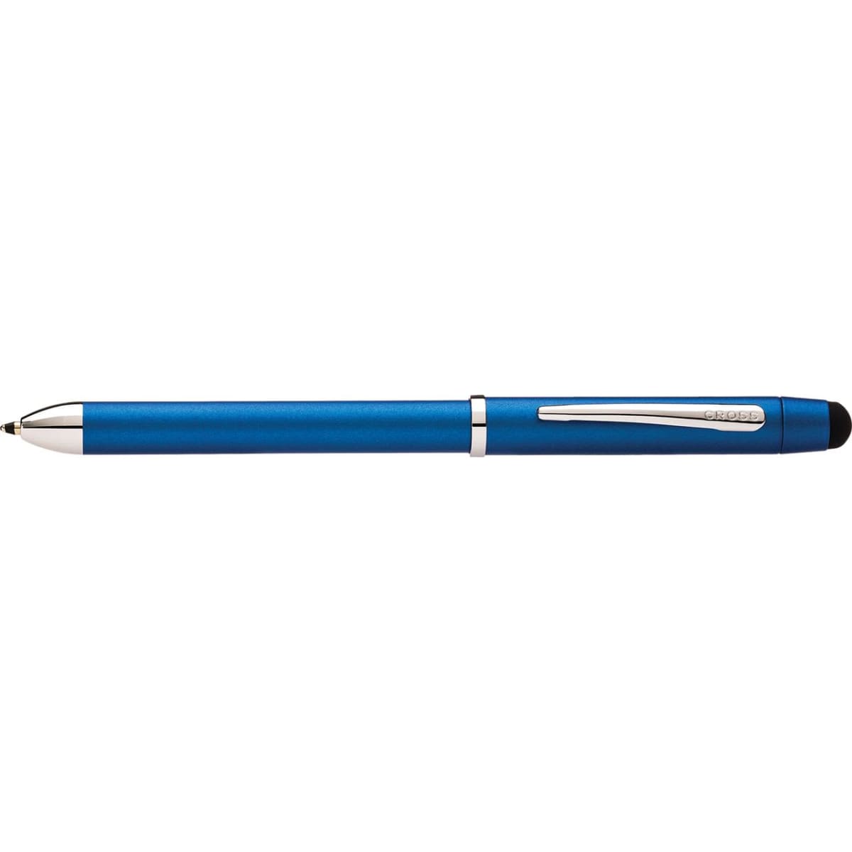 A metallic blue multi-function pen with a stylus tip, featuring a sleek design and a logo.