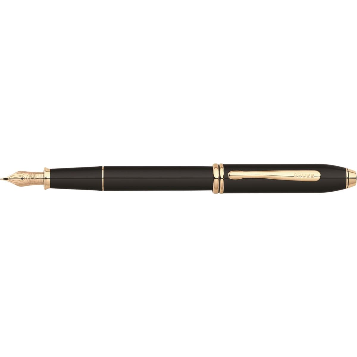 A black lacquer fountain pen with 23ct gold plating and a clip, featuring a sleek design.