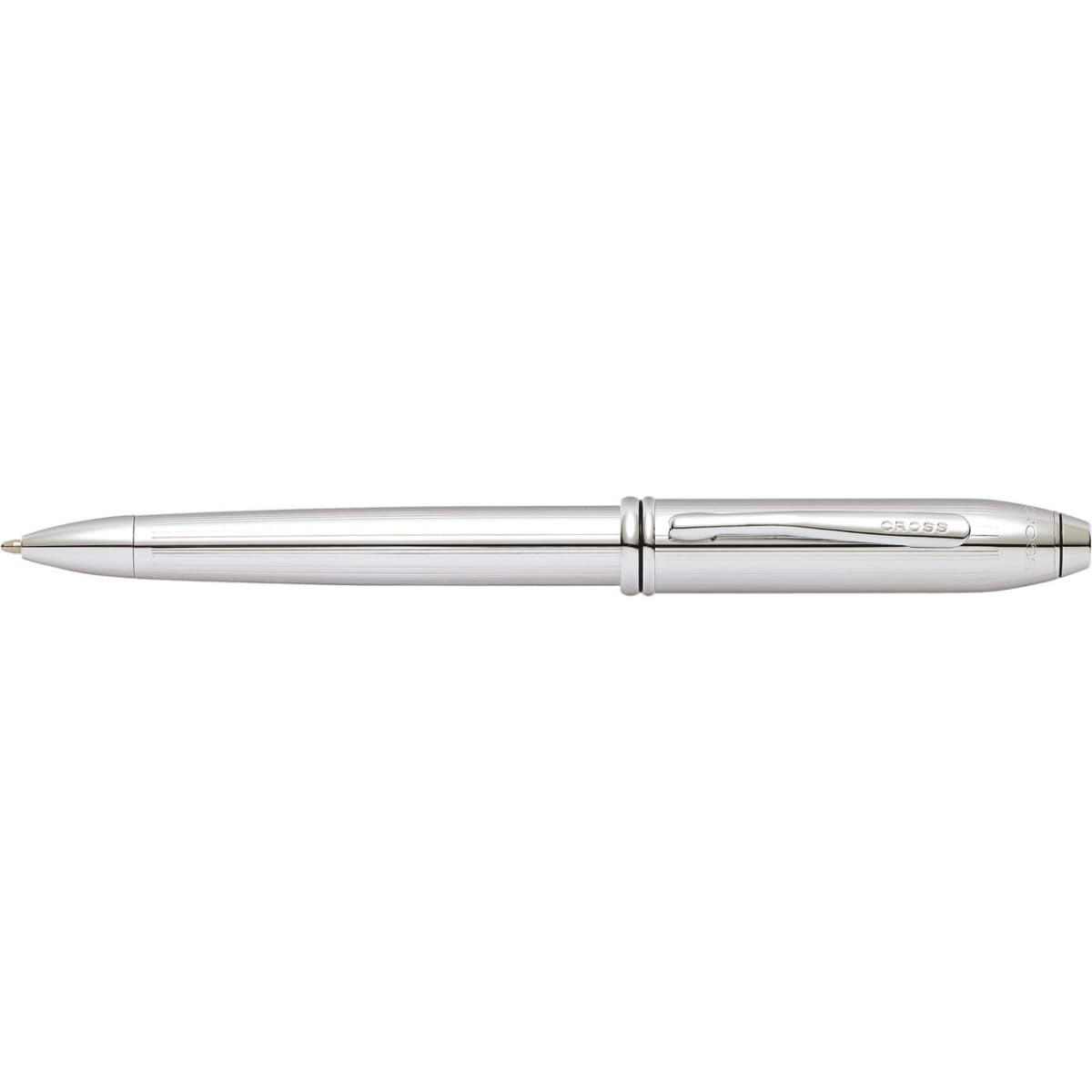 A silver pen with a lustrous chrome finish, featuring a clip and branding detail.