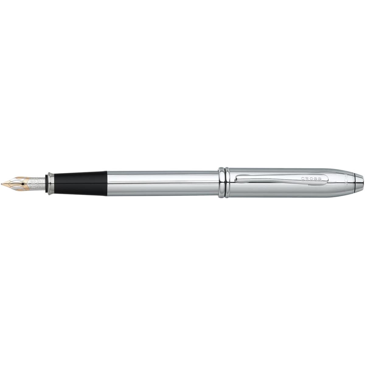 A fountain pen in lustrous chrome with a black grip and a fine nib, featuring a logo on its side.