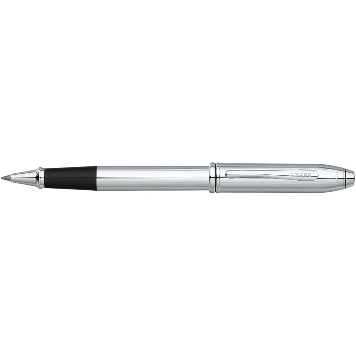 A rollerball pen in lustrous chrome with black accents. The pen features a sleek design and includes branding.