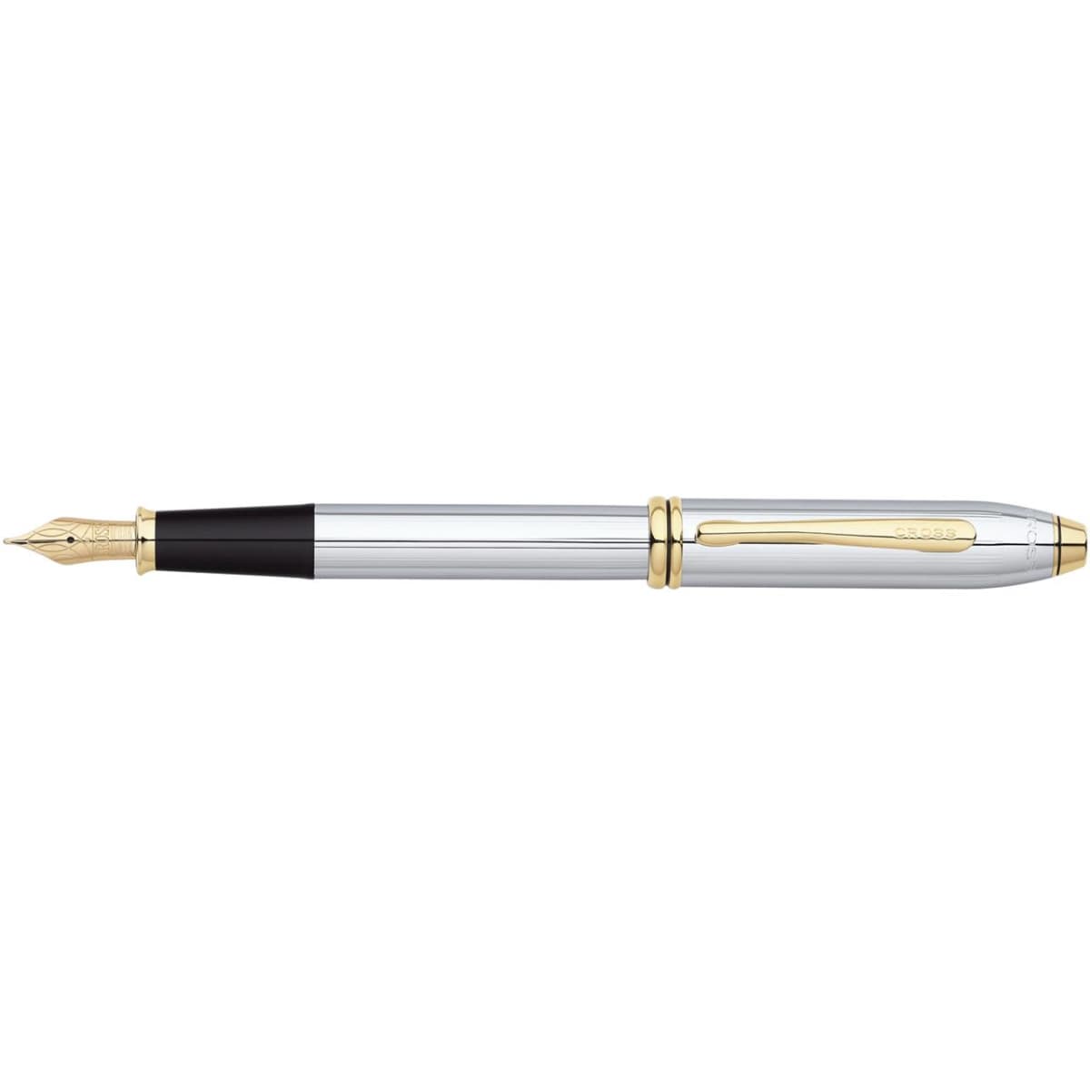 A fountain pen with a chrome barrel, black grip, and gold accents. It features a clip and has branding on it.