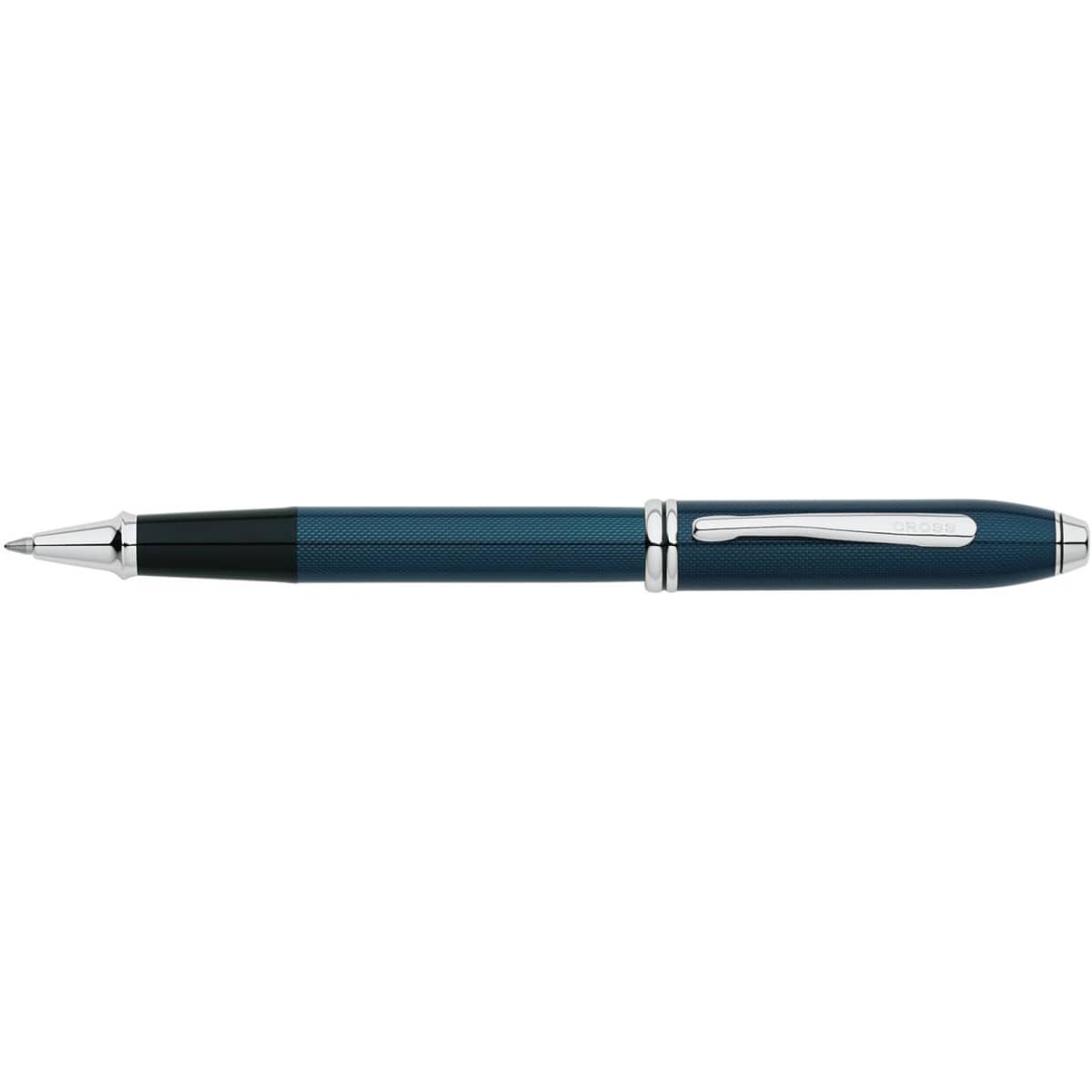A rollerball pen in quartz blue lacquer with silver accents and a sleek design. Features a branding logo.
